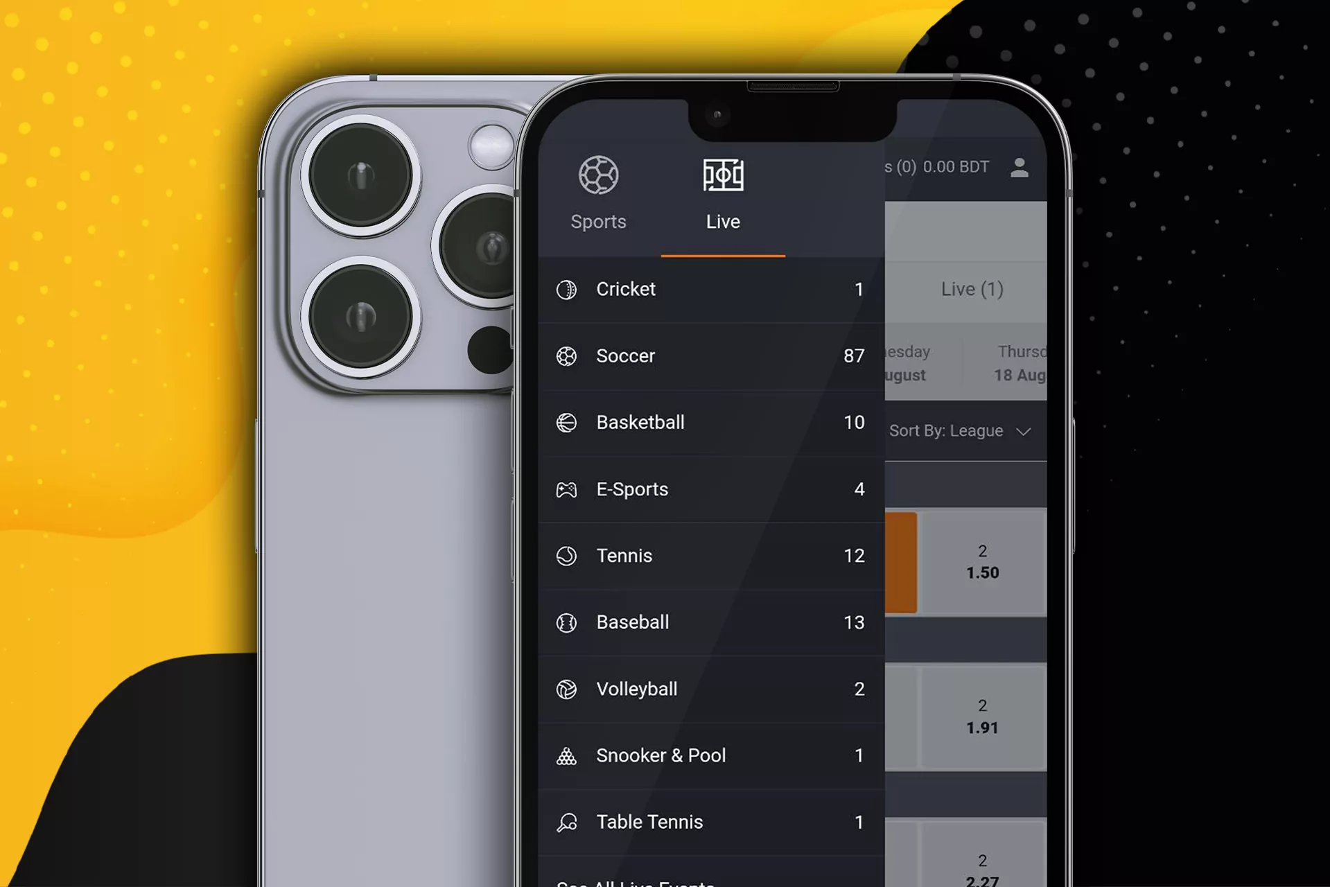 BitDeposit অ্যাপ্লিকেশনটিতে লাইভ এবং প্রিম্যাচ বেট রাখুন.